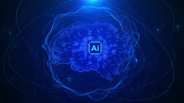 Blue AI circuit brain with glowing chip center, processor lines, orbit waves, and deep neural technology space. artificial intelligence videos, machine learning promos, software intros, overlays.