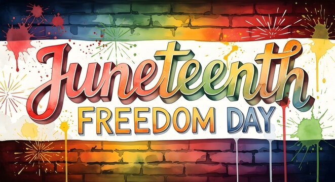 Handwritten juneteenth freedom day script on white banner with colorful paint splatters theme.