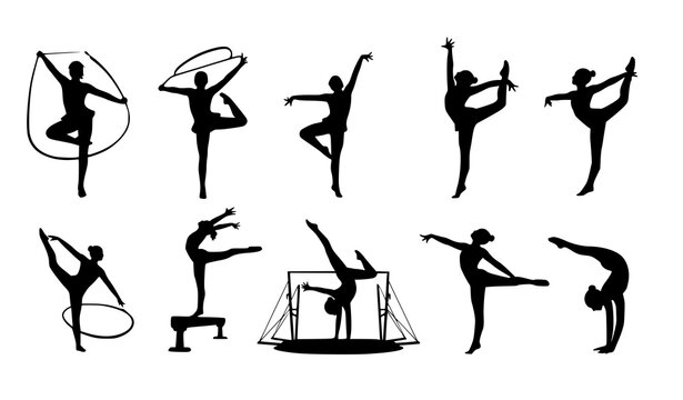 Elegant gymnastics silhouettes a collection of dynamic poses showcasing strength flexibility and artistic movement in black and white