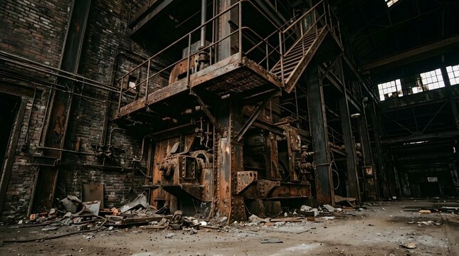 Abandoned Industrial Factory Interior with Rusty Machinery