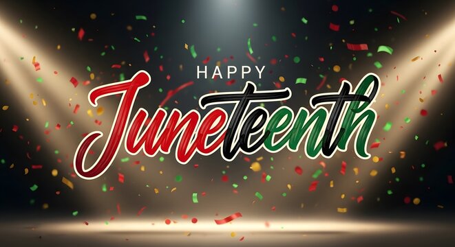 Happy juneteenth greeting card design with colorful confetti over dark festive stage background.