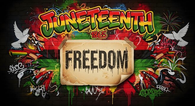 Juneteenth graffiti art with freedom banner celebration, doves and fireworks on brick wall.
