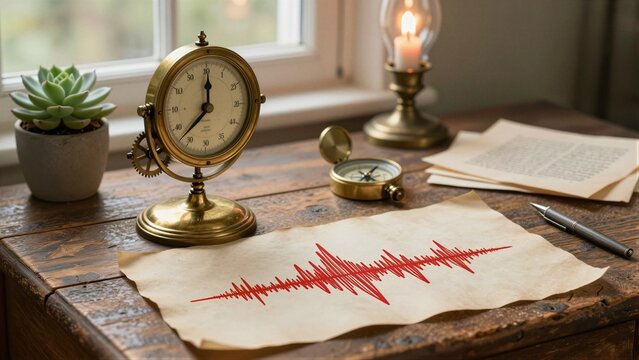 A vintage polygraph machine sits on a rustic wooden desk, surrounded by antique items including a brass clock, compass, and candlelight. A red heartbeat graph is printed on aged paper.