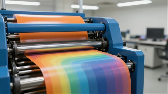 Close-up of a blue industrial printer processing vibrant rainbow-colored paper in a factory setting with soft focus background.