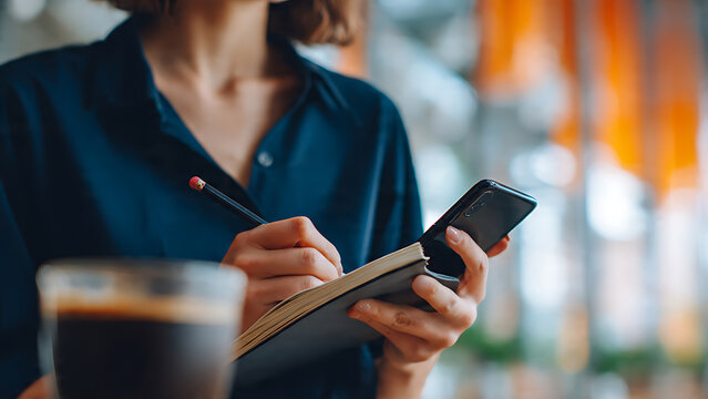 Hands writing in notebook with smartphone and coffee cup, close-up shot with warm blurred background, concept for business productivity, remote work