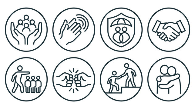 Social interaction icons set depicting community support and team building.