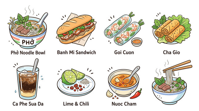 A vibrant collection of popular Vietnamese dishes and beverages, including pho, banh mi, spring rolls, and iced coffee, depicted in a colorful cartoon style.