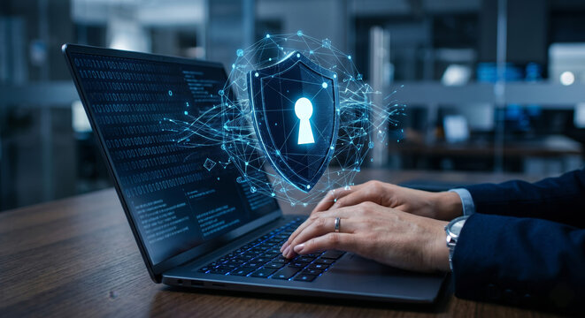 Person using a laptop with a glowing digital shield representing cybersecurity and data protection.