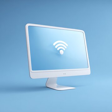 Modern white computer monitor displaying a glowing wireless network icon against a clean minimalist blue background representing high speed internet and digital connectivity