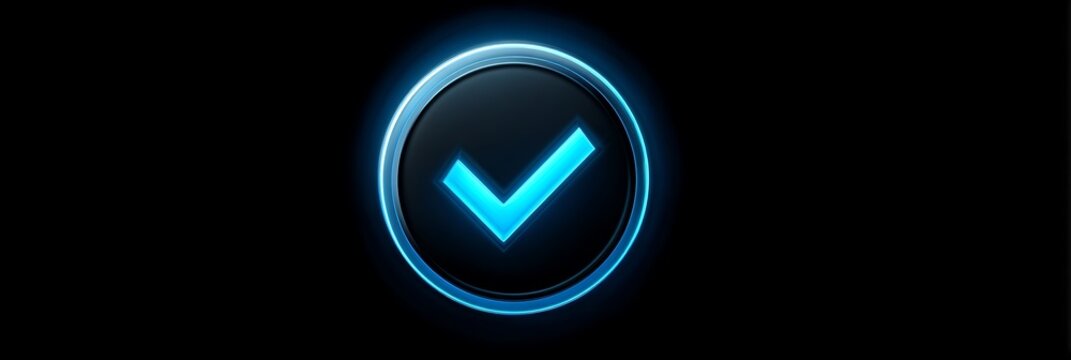 Digital checkmark icon glowing in neon blue within circular frame for verification and successful authentication processes in modern technology interfaces on black background