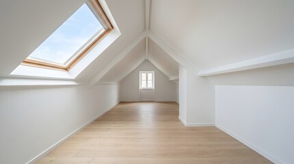 Fototapeta premium Renovated Attic Room White Walls Wood Floor Skylight