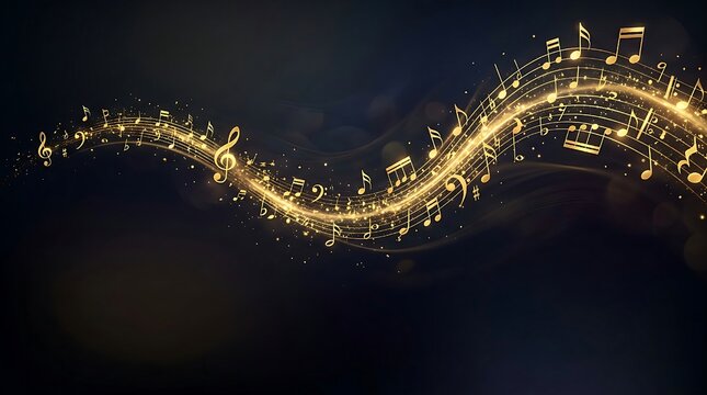 Golden musical notes flowing in a dynamic wave with glowing light effects