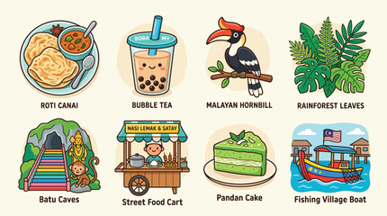 A collection of eight cartoon illustrations depicting various Malaysian cultural elements, including food, nature, landmarks, and daily life scenes. © Terra