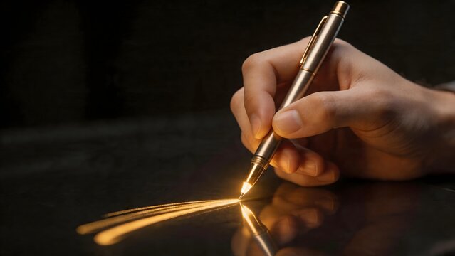 Hand holding pen with glowing tip