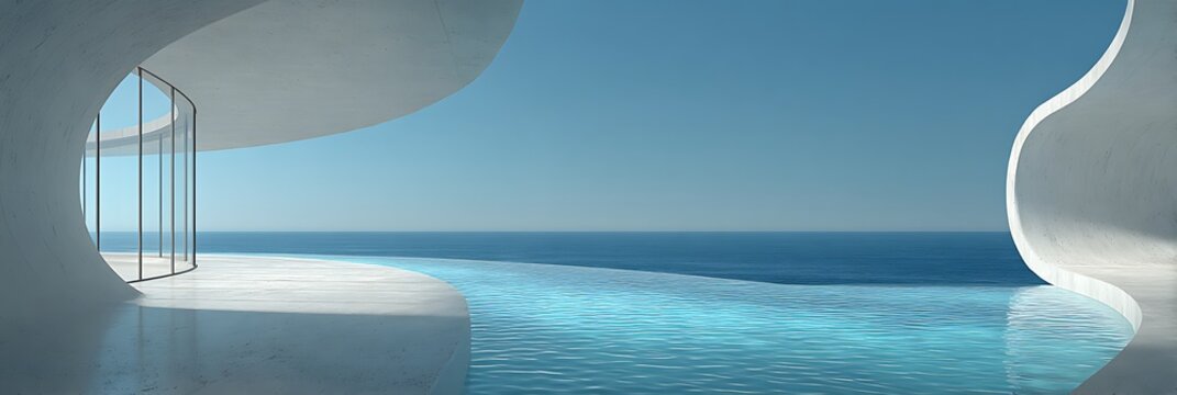 Futuristic minimalist villa with organic curved white concrete architecture featuring an infinity pool overlooking the calm blue ocean under a clear sunny sky at a luxury resort