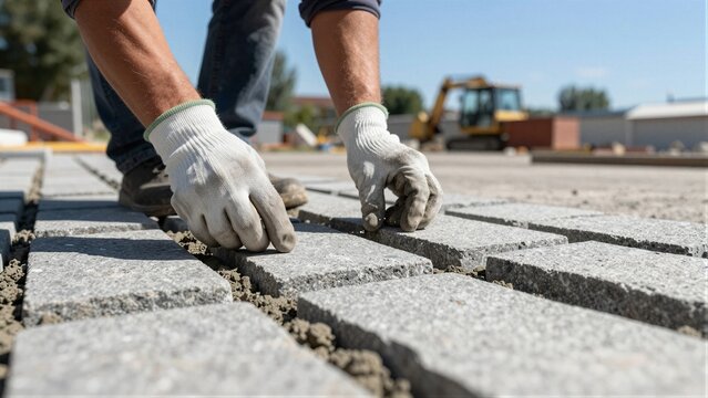 Close-up of a worker's hands placing gray stone pavers during outdoor construction, with machinery in the background under clear skies.