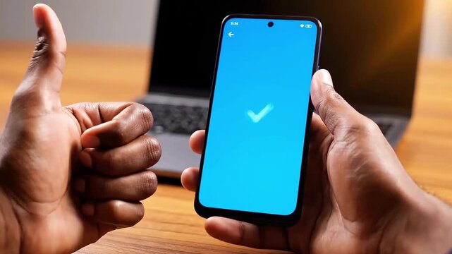 Hands holding smartphone with online shopping cart app on blue screen closeup ecommerce and