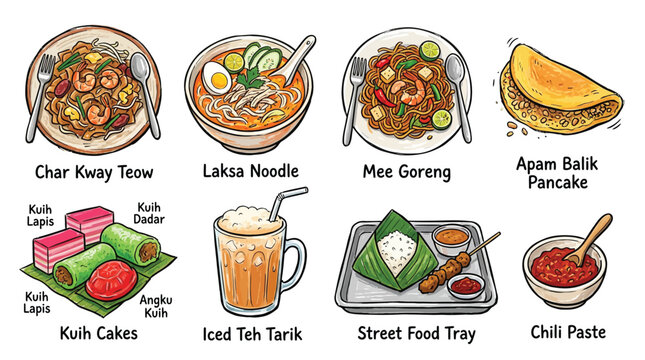 A vibrant illustration showcasing a variety of popular Malaysian street food and traditional snacks, including noodles, pancakes, kuih cakes, and iced tea.