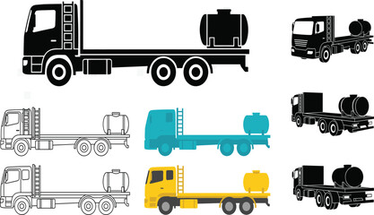 Colorful tanker truck vector set featuring multiple transport vehicle styles in side and rear views © MdAl