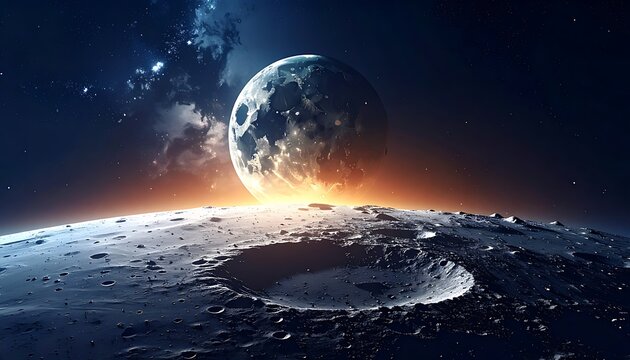 A cratered moonlit surface with a large moon rising behind