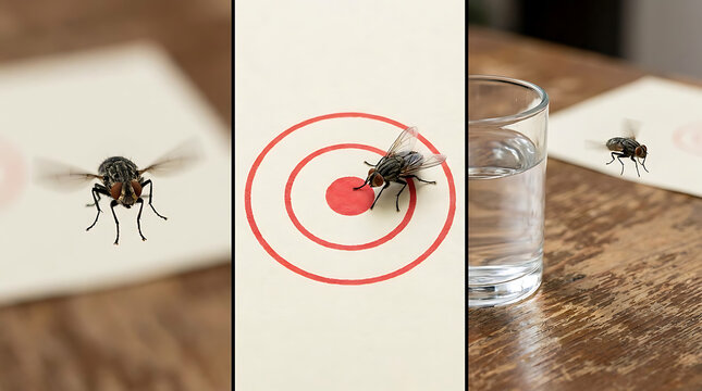 A triptych details a common housefly in flight, on a target, and by water, symbolizing its pervasive presence and focused observation