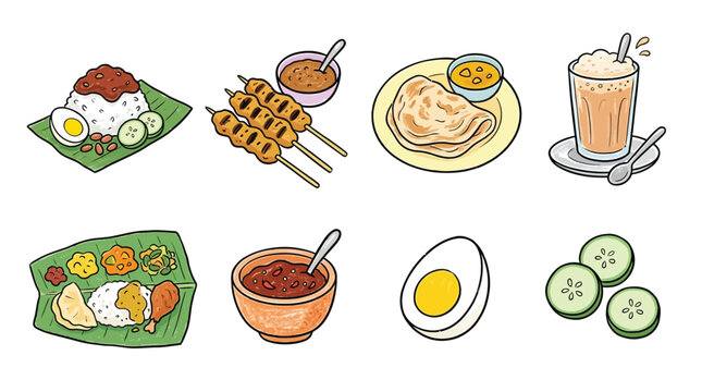 A vibrant collection of popular Malaysian and Southeast Asian dishes and drinks, including Nasi Lemak, Satay, Roti Canai, and Teh Tarik, illustrated in a charming cartoon style.
