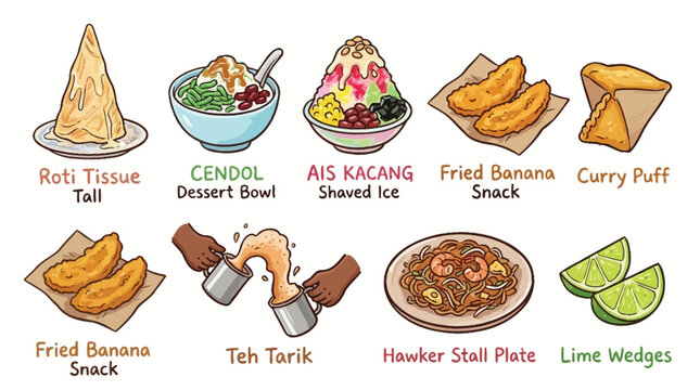 An illustrated collection of popular Malaysian and Singaporean street food and drinks including Roti Tissue, Cendol, Ais Kacang, Fried Banana, Curry Puff, Teh Tarik, and stir-fried noodles.