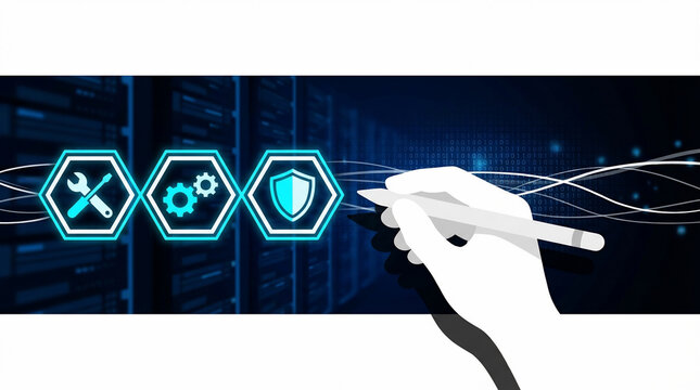 Hand drawing three glowing neon blue hex icons with tools, gears, and a shield over a server room background with binary code, ideal for software