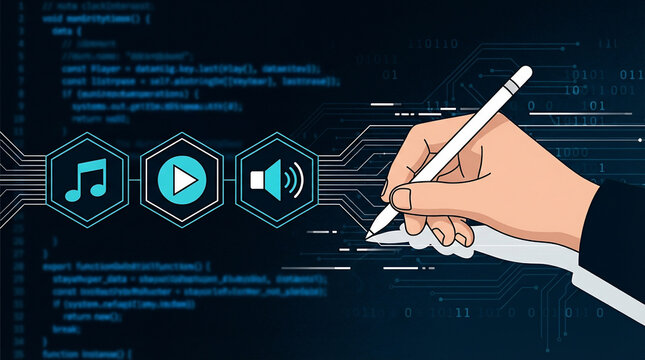 Hand holding stylus drawing audio interface icons on dark digital background with code, concept for software development, digital media production