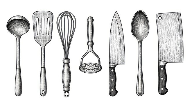A collection of kitchen utensils and cutlery on a clean surface includes a ladle, spatula, whisk, grater, knife, spoon, and cleaver.