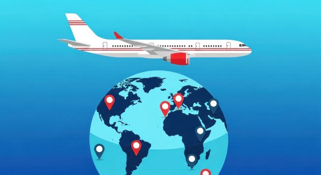 An airplane flies over a globe with multiple location markers.