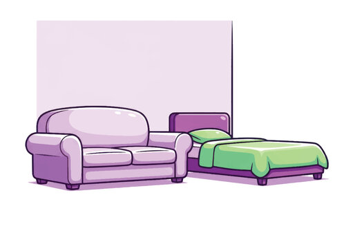 Purple Sofa Bed with Green Bedding in a Room.