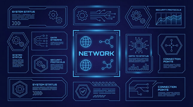 Vibrant blue neon digital interface with network panels, gears, and data charts on dark background, ideal for technology concepts, cybersecurity宣传