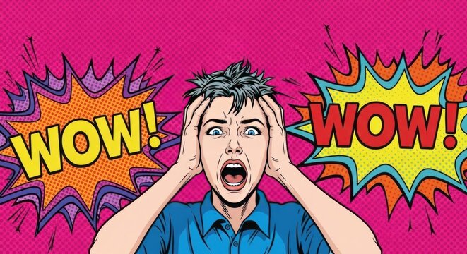 A man reacts with surprise and excitement to WOW speech bubbles.