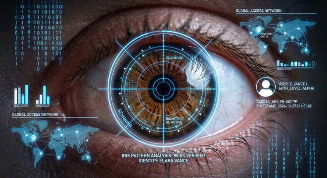 Close-up of human eye with a digital iris scan overlay representing advanced biometric authentication.