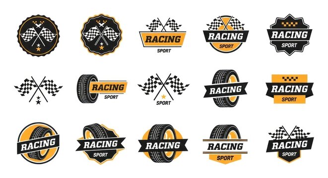 Racing sport logos and labels with checkered flags and wheels on white background