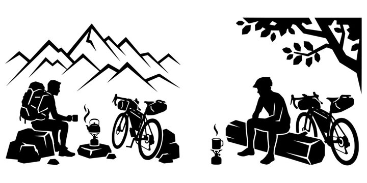 Bikepacking and Outdoor Adventure Silhouette Set. Cyclist Resting, Camping, and Brewing Coffee in Nature Vector Illustration