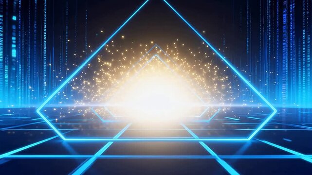 Blue neon triangle tunnel with digital data