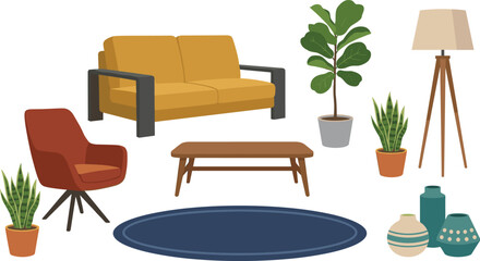 Fototapeta premium Home Furniture and Decor Set with Sofa, Chairs, Plants, Rugs, and Lamps for Interior Design and Living Room Spaces