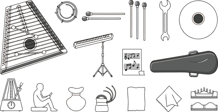 Set of musical instruments and accessories for percussion and string instruments