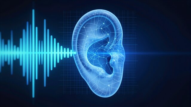 Stylized glowing blue ear with sound wave and neural network, representing auditory health and cochlear implant technology.