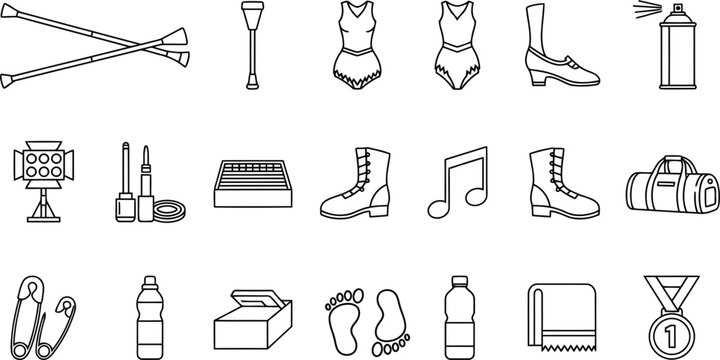 Set of vector line icons related to baton twirling, dance, and performance arts equipment and accessories isolated on white background