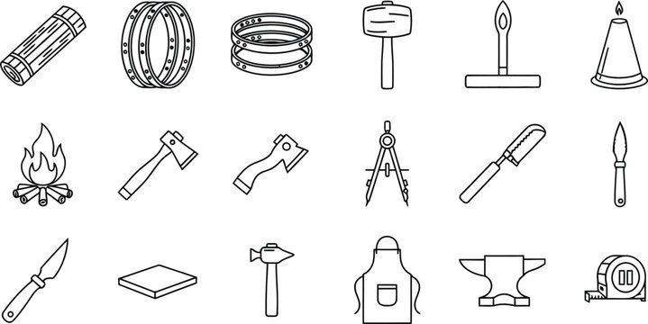 Set of blacksmith and metalworking tools icons, including hammer, anvil, axe, fire, apron, and measuring tape, isolated on white background