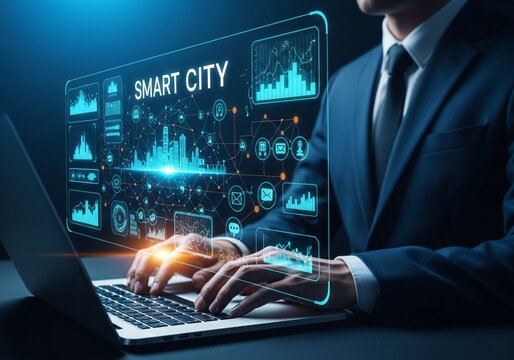 Businessman typing on laptop with Smart City interface hologram