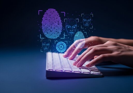 Hands Typing on Keyboard with Biometric Security, Fingerprint, Face