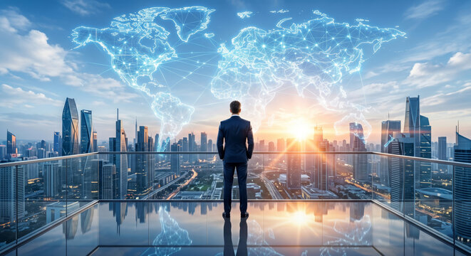 Businessman views a glowing global map over a modern city skyline at sunrise.