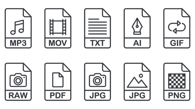 File format icons collection digital media audio video text image graphics.