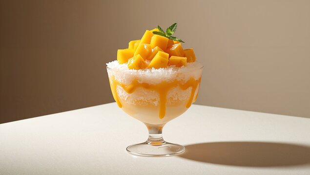 Mango bingsu with finely shaved ice topped with fresh mango pieces, presented with a refreshing texture and vibrant tropical appearance