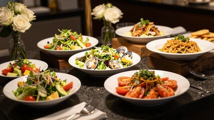 Fototapeta premium A variety of fresh salads and pasta dishes arranged on a table with white roses in the background.