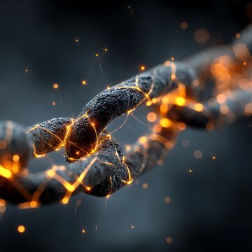 Heavy metal chain links glowing with intense orange energy sparks in dark industrial environment representing strength connection and technological innovation in modern digital infrastructure